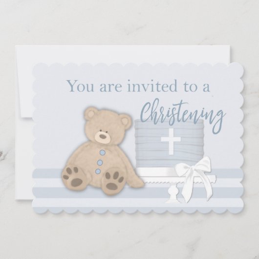男の赤ちゃんブルーバプテスマ招待状ケーキテディベア 招待状 (正面)