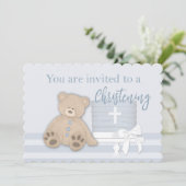 男の赤ちゃんブルーバプテスマ招待状ケーキテディベア 招待状 (スタンド正面)