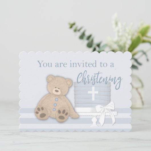 男の赤ちゃんブルーバプテスマ招待状ケーキテディベア 招待状 (スタンド正面)