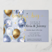 男の赤ちゃんブルーバルーン赤ちゃんシャワー 箔招待状 (正面)