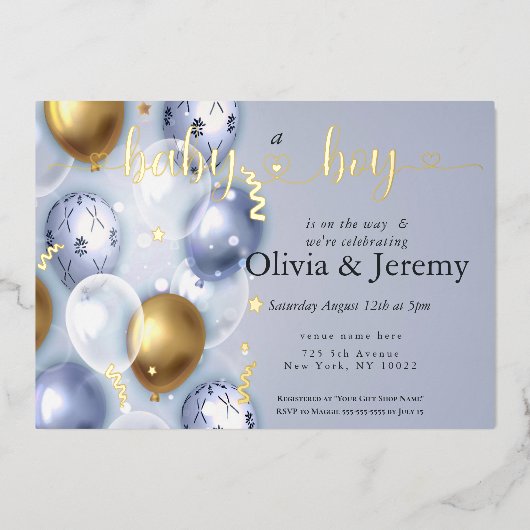 男の赤ちゃんブルーバルーン赤ちゃんシャワー 箔招待状 (正面)