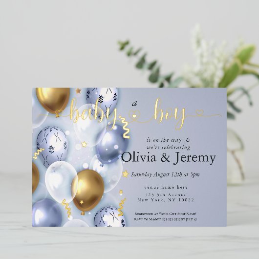 男の赤ちゃんブルーバルーン赤ちゃんシャワー 箔招待状 (立ち正面)