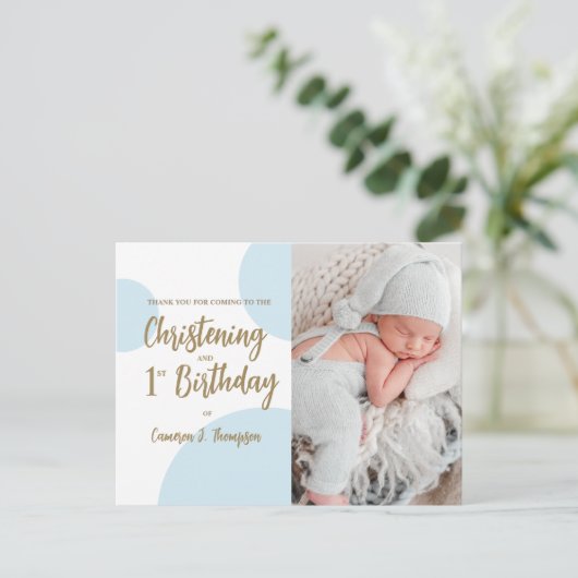 男の赤ちゃんブルーフォト《キリスト教》洗礼式や命名式と誕生日 ポストカード (スタンド正面)