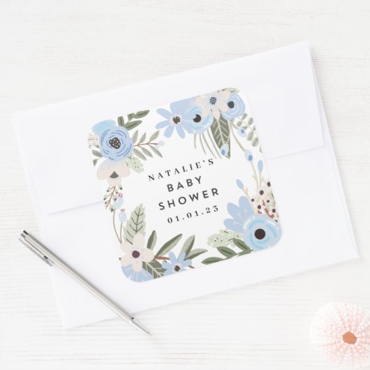 男の赤ちゃんブルーフローラ大型ベビーシャワーシール スクエアシール (封筒)