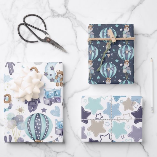 男の赤ちゃんブルーベビーシャワーギフトラップ新生児 ラッピングペーパーシート (正面)
