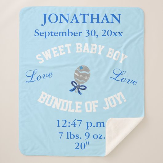 男の赤ちゃんブルーベビーラトルのアップロード写真 シェルパブランケット (正面)