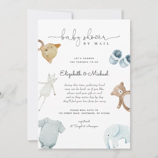 男の赤ちゃんブルーボーホウォーターカラーベビーシャワーバイメール 招待状 (正面)