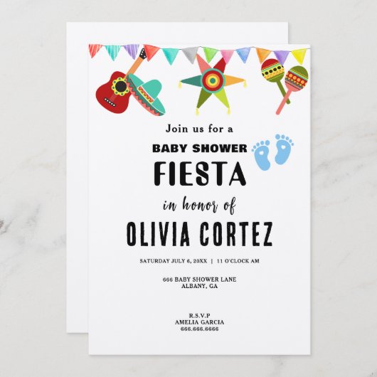 男の赤ちゃんブルーメキシカンフィエスタベビーシャワー 招待状 (正面/裏面)