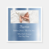 男の赤ちゃんブルーメタリックタイポグラフィバプテスマ スタンダードカクテルナプキン (正面)
