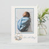 男の赤ちゃんブルーラビットアンドフラワーズベビー誕生 案内状 (スタンド正面)