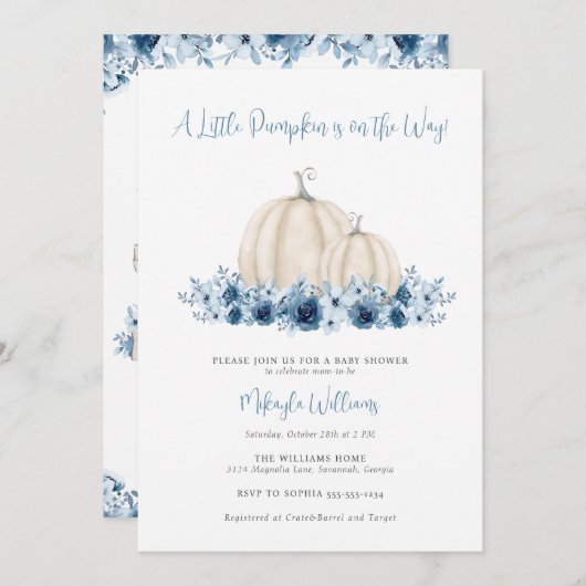 男の赤ちゃんブルーリトルカボチャの赤ちゃんシャワー用の本 招待状 (正面/裏面)