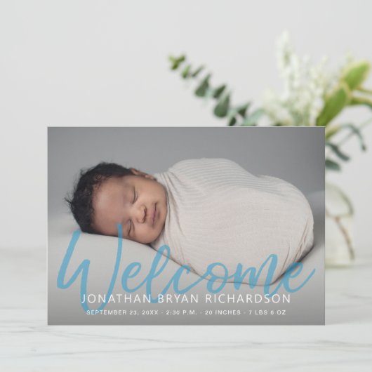 男の赤ちゃんブルーワンフォトウェルカム誕生のお知らせ 招待状 (スタンド正面)
