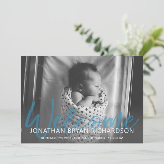 男の赤ちゃんブルー写真ウェルカム誕生のお知らせ 招待状 (スタンド正面)