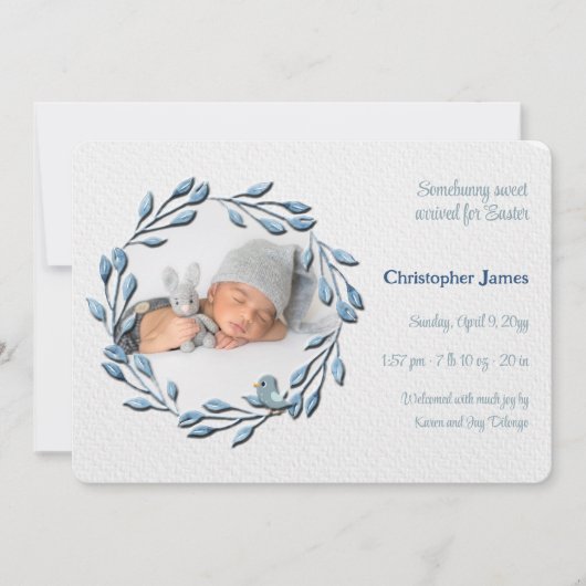 男の赤ちゃんブルー写真誕生のお知らせ 案内状 (正面)