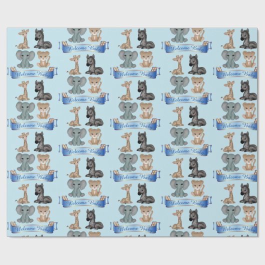 男の赤ちゃんブルー動物園の動物の名前を追加Giraffe Zebra ラッピングペーパー (フラット)