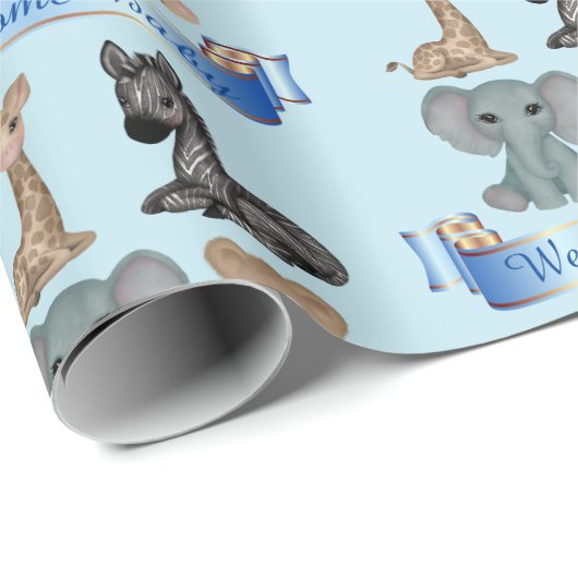 男の赤ちゃんブルー動物園の動物の名前を追加Giraffe Zebra ラッピングペーパー (ロールコーナー)