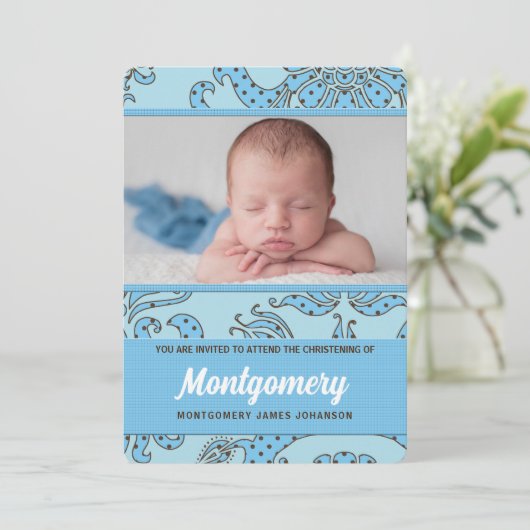 男の赤ちゃんブルー及びブラウン用《キリスト教》洗礼式や命名式 招待状 (スタンド正面)
