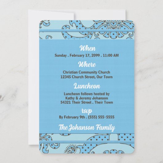 男の赤ちゃんブルー及びブラウン用《キリスト教》洗礼式や命名式 招待状 (裏面)