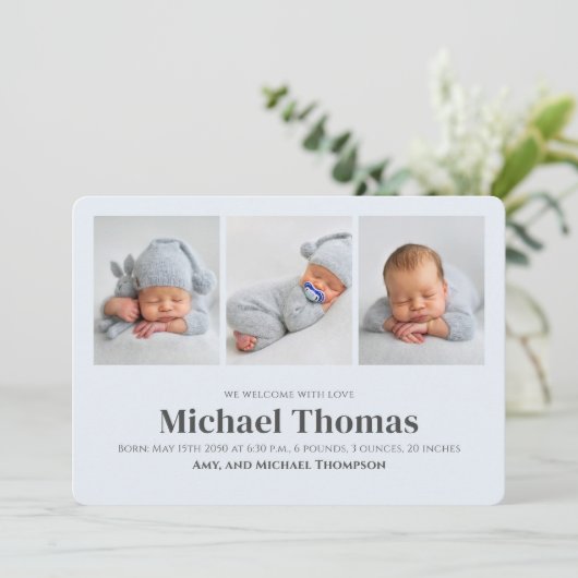 男の赤ちゃんブルー数々のフォト誕生のお知らせ (スタンド正面)