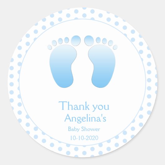 男の赤ちゃんブルー水玉模様サンキューベイビーシャワー ラウンドシール (正面)