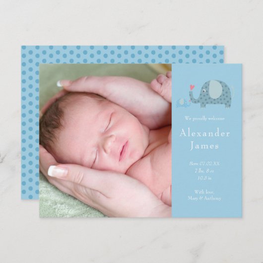 男の赤ちゃんブルー水玉模様ゾウフォト誕生 案内ポストカード (正面/裏面)