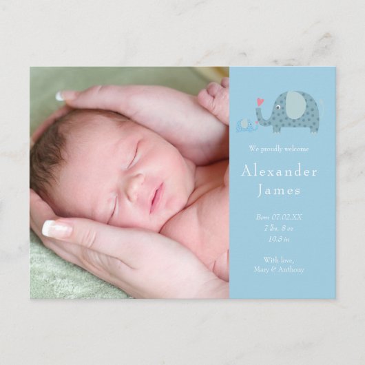 男の赤ちゃんブルー水玉模様ゾウフォト誕生 案内ポストカード (正面)