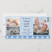 男の赤ちゃんブルー水玉模様フォトカードのお知らせ 案内状 (正面)
