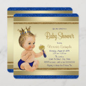 男の赤ちゃんブルー王室の金ゴールドプリンスベビーシャワー 招待状 (正面/裏面)