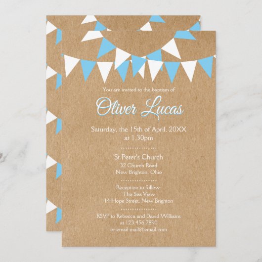 男の赤ちゃんブルー素朴バンティンバプテスマ《キリスト教》洗礼式や命名式 招待状 (正面/裏面)