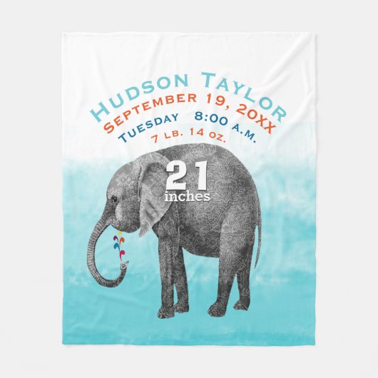男の赤ちゃんブルー誕生レコード統計エレファント フリースブランケット (正面)