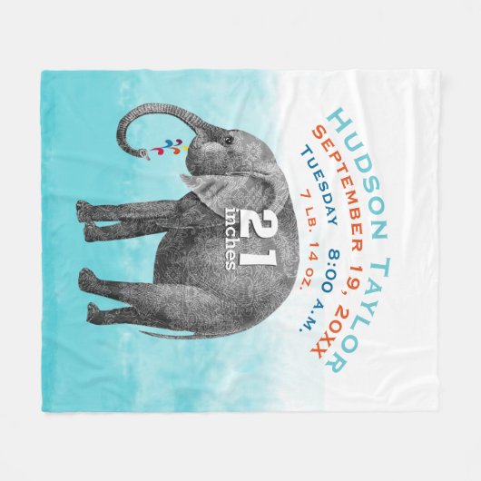 男の赤ちゃんブルー誕生レコード統計エレファント フリースブランケット (正面(横))