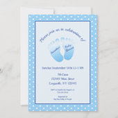 男の赤ちゃんブルー足ベビーシャワー水玉模様 招待状 (正面)