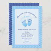男の赤ちゃんブルー足ベビーシャワー水玉模様 招待状 (正面/裏面)
