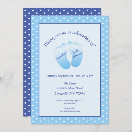 男の赤ちゃんブルー足ベビーシャワー水玉模様 招待状 (正面/裏面)