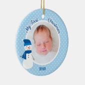 男の赤ちゃんブルー雪だるま初めてのクリスマス写真 セラミックオーナメント (右)
