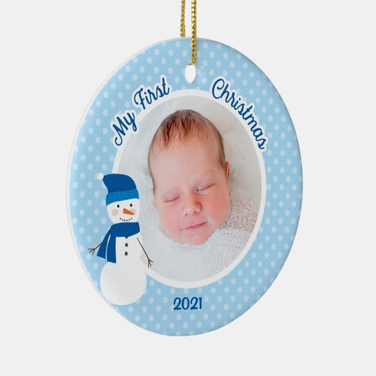 男の赤ちゃんブルー雪だるま初めてのクリスマス写真 セラミックオーナメント (右)