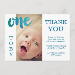 男の赤ちゃんブルー1歳の誕生日ありがとうフォトカード サンキューカード