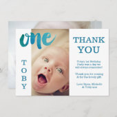 男の赤ちゃんブルー1歳の誕生日ありがとうフォトカード サンキューカード (正面/裏面)