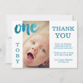 男の赤ちゃんブルー1歳の誕生日ありがとうフォトカード サンキューカード (正面)