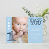男の赤ちゃんブルー1歳の誕生日ありがとうフォトカード サンキューカード (スタンド正面)