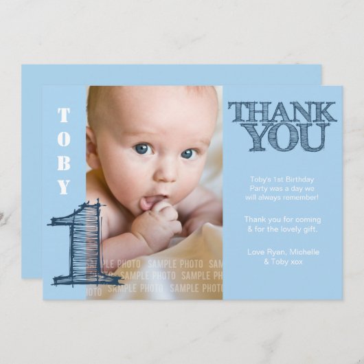 男の赤ちゃんブルー1歳の誕生日ありがとうフォトカード サンキューカード (正面/裏面)