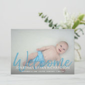 男の赤ちゃんブルー2写真ウェルカム誕生のお知らせ 招待状 (スタンド正面)