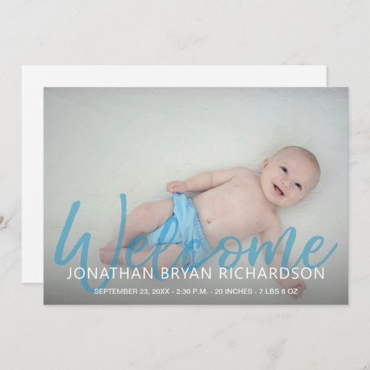 男の赤ちゃんブルー2写真ウェルカム誕生のお知らせ 招待状 (正面/裏面)