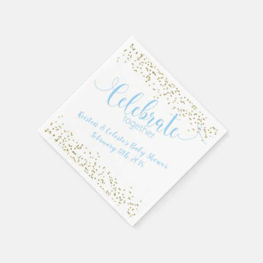 男の赤ちゃんブルー&金ゴールドジョイントフレンズお祝い スタンダードカクテルナプキン (角)