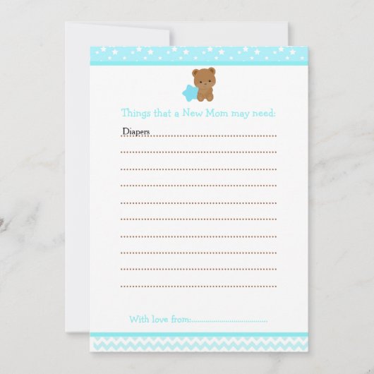 男の赤ちゃんベアアドバイスリスト新しいママ赤ちゃんシャワー 招待状 (正面)