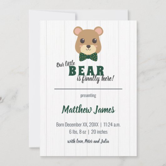 男の赤ちゃんベアグリーン&金ゴールド垂直ベビー 案内状 (正面)