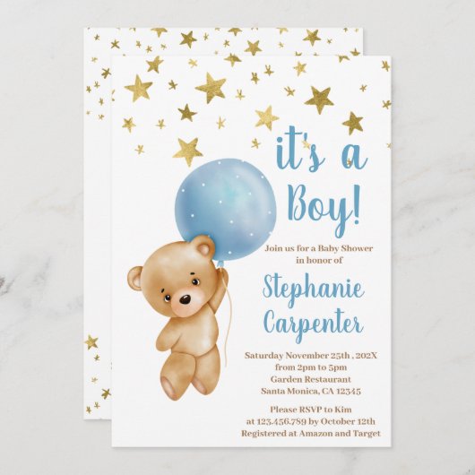 男の赤ちゃんベアベビーシャワー招待状 招待状 (正面/裏面)