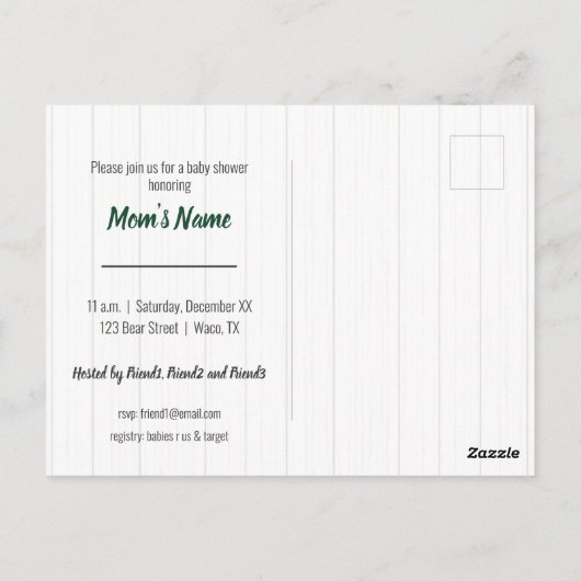 男の赤ちゃんベアーグリーン&金ゴールドベビーシャワー招待状 ポストカード (裏面)