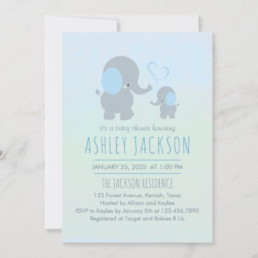 男の赤ちゃんベビーゾウ赤ちゃんシャワー 招待状 (正面)