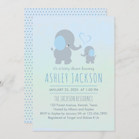 男の赤ちゃんベビーゾウ赤ちゃんシャワー 招待状 (正面/裏面)